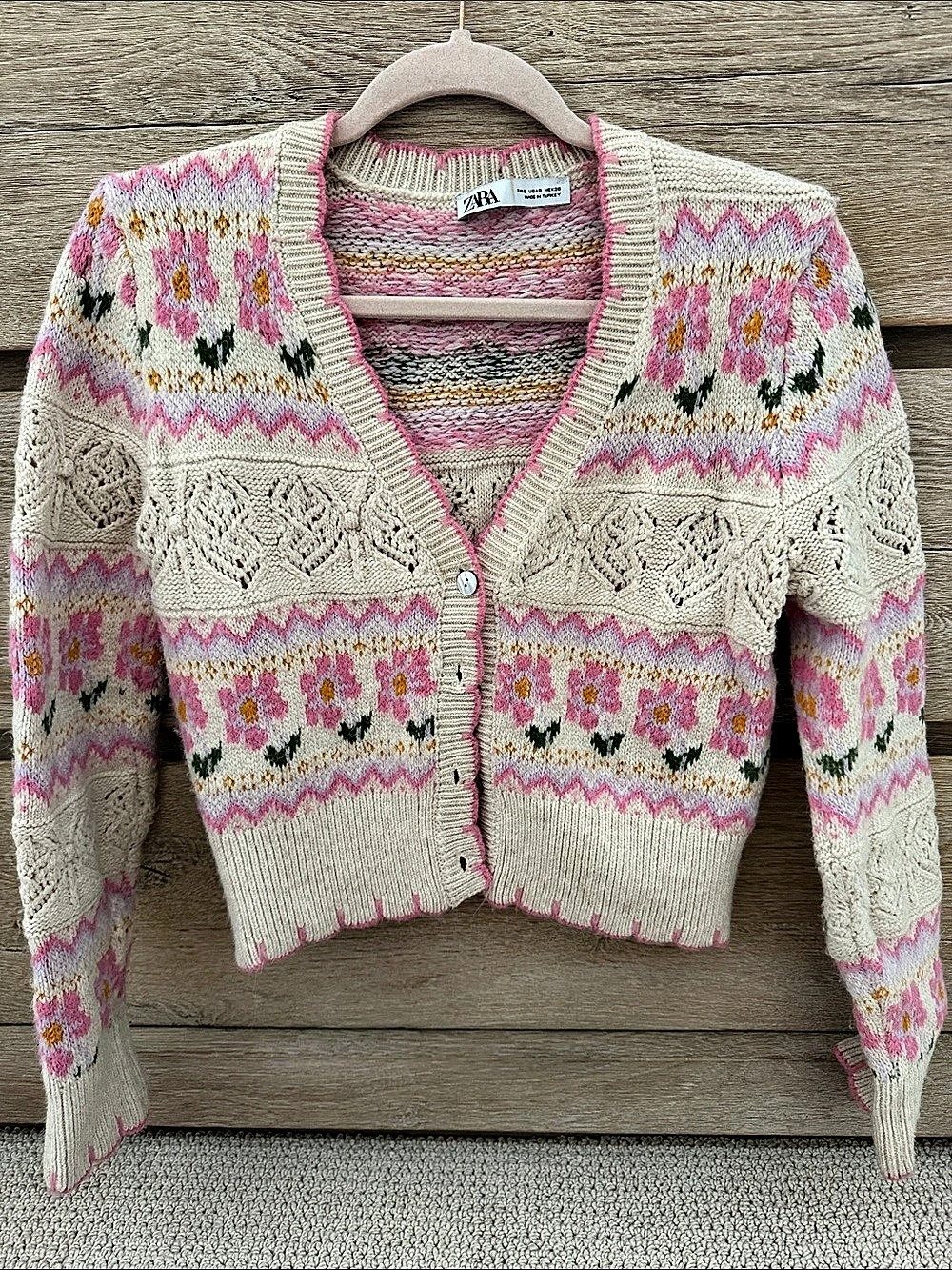 Zara Cream Cropped Cardigan with Pastel Floral Embroidery Sweater